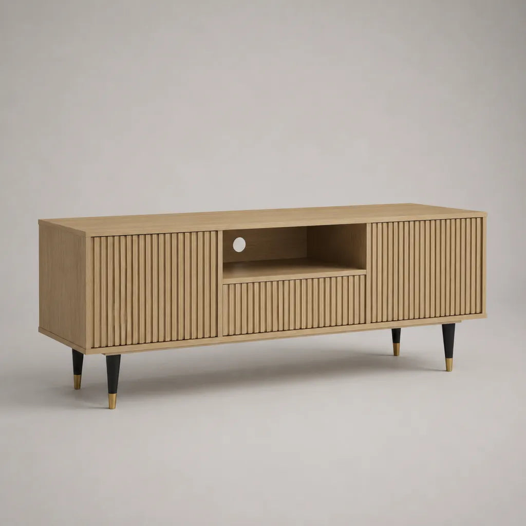 TV-Lowboard aus MDF und Spanplatte mit Eichenfurnier, Lamellentüren und Schublade, Naturfarben, Schwarz und Messingfarben, 160 × 40 × 65 cm
