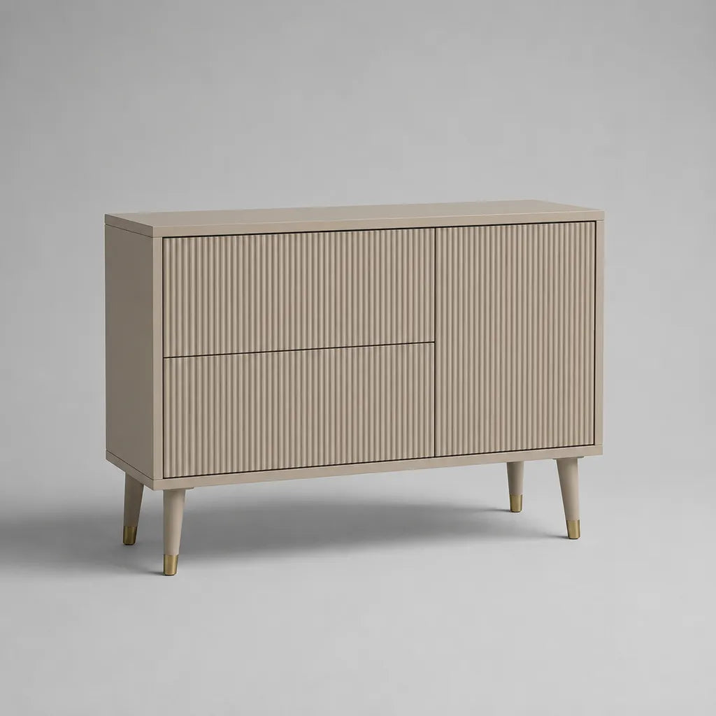 Sideboard aus MDF mit Rillenfront, 2 Schubladen und 1 Tür, Beige, 120 × 40 × 80 cm