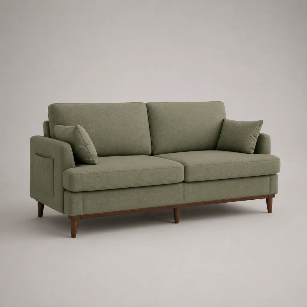 2-Sitzer-Sofa mit Polyesterbezug und Massivholzgestell, 2 Zierkissen, Salbeigrün/Braun, 178 × 86 × 86 cm