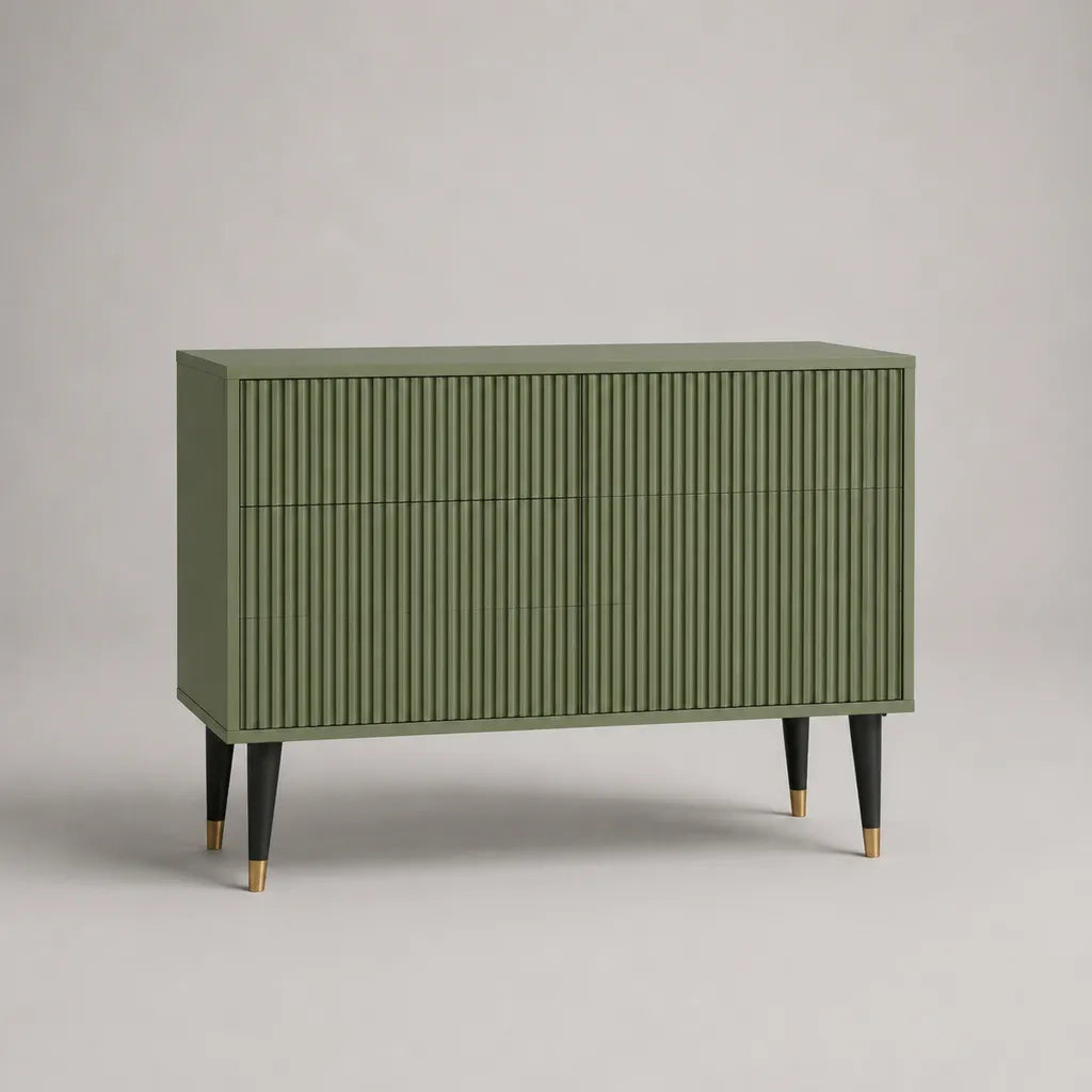 Sideboard mit 9 Schubladen aus PU-lackierter MDF-Platte, Rillenfront, Olivgrün, 120 × 40 × 80 cm