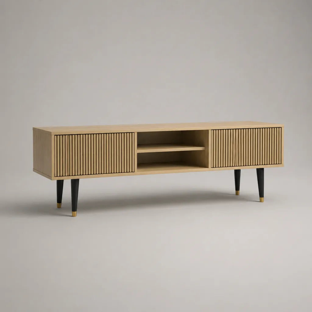 TV-Lowboard aus MDF mit Eichenfurnier, 2 Lamellentüren und 2 offenen Fächern, Natur/Schwarz/Messingfarben, 160 x 40 x 55 cm