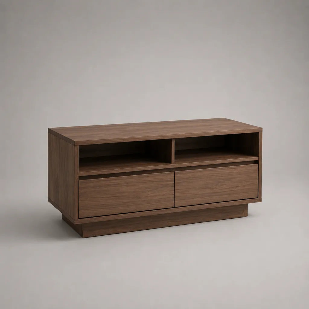 TV-Lowboard aus MDF mit Walnussfurnier, 2 Schubladen und 2 offenen Fächern, Walnussbraun, 120 × 40 × 60 cm