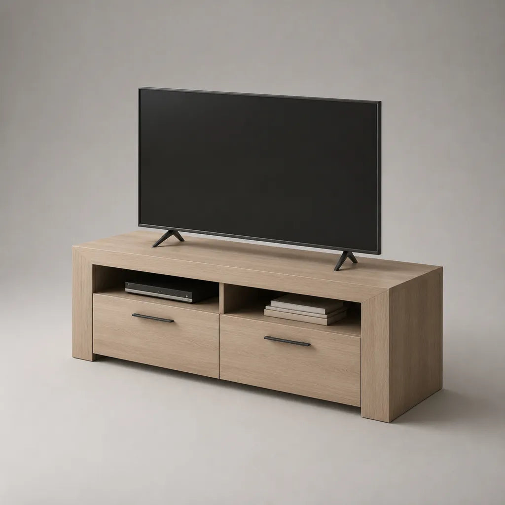 TV-Lowboard aus Spanplatte mit Eiche-Dekor, 2 Schubladen und 2 offenen Fächern, Natur und Schwarz, 140 × 40 × 50 cm