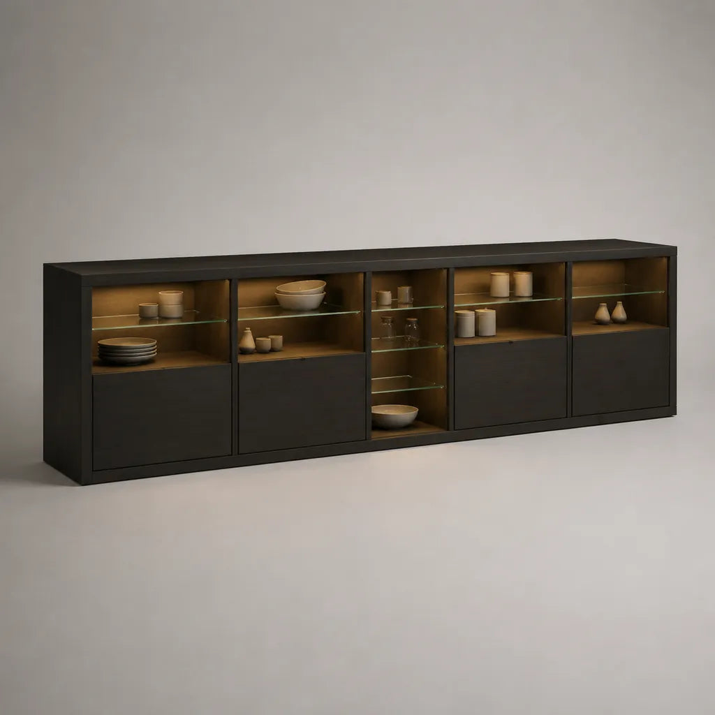 Sideboard aus MDF mit LED-Beleuchtung und Glasböden, Schwarz, 300 × 42 × 100 cm