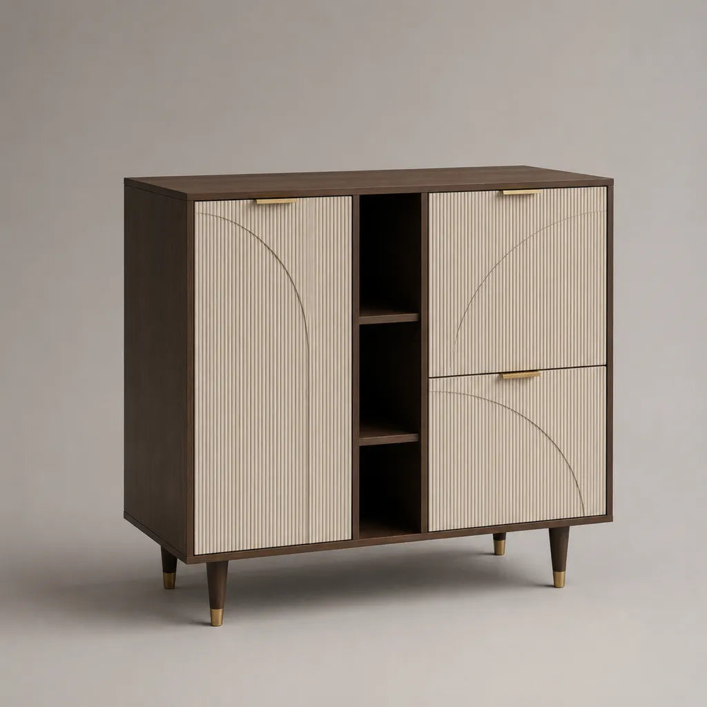 Sideboard aus MDF und Spanplatte mit 3 Türen und 3 offenen Fächern, Dunkelbraun, Beige und Messingfarben, 120 × 40 × 110 cm