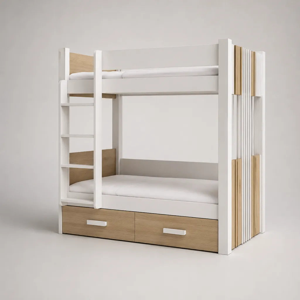 Etagenbett für Kinder 90 × 200 cm aus massivem Kiefernholz und MDF mit Leiter, 2 Lattenrosten und 2 Schubladen, Weiß/Eichefarben, 205 × 99 × 180 cm