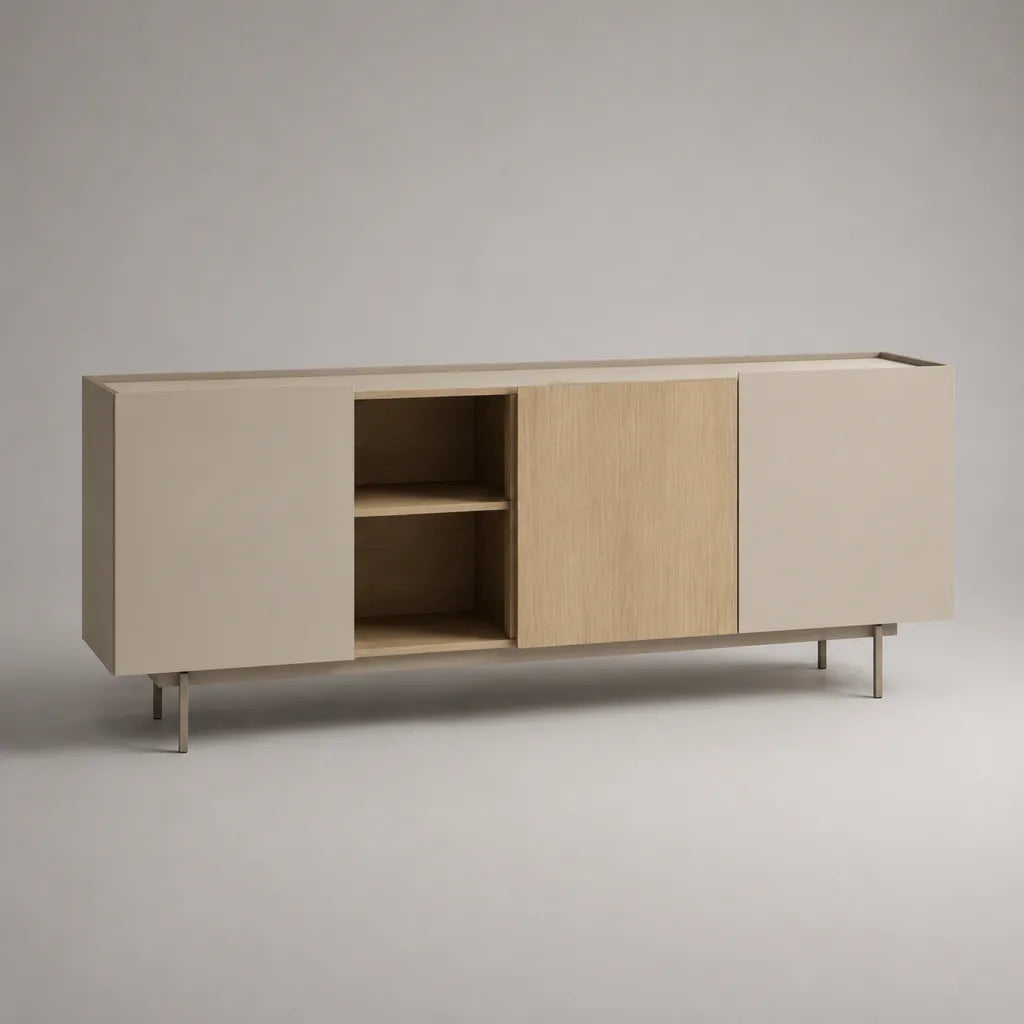 Rechteckiges Sideboard mit 3 Türen und 2 offenen Fächern aus MDF mit Eichenfurnier und Stahl, Beige/Eiche Natur, 180 × 40 × 80 cm