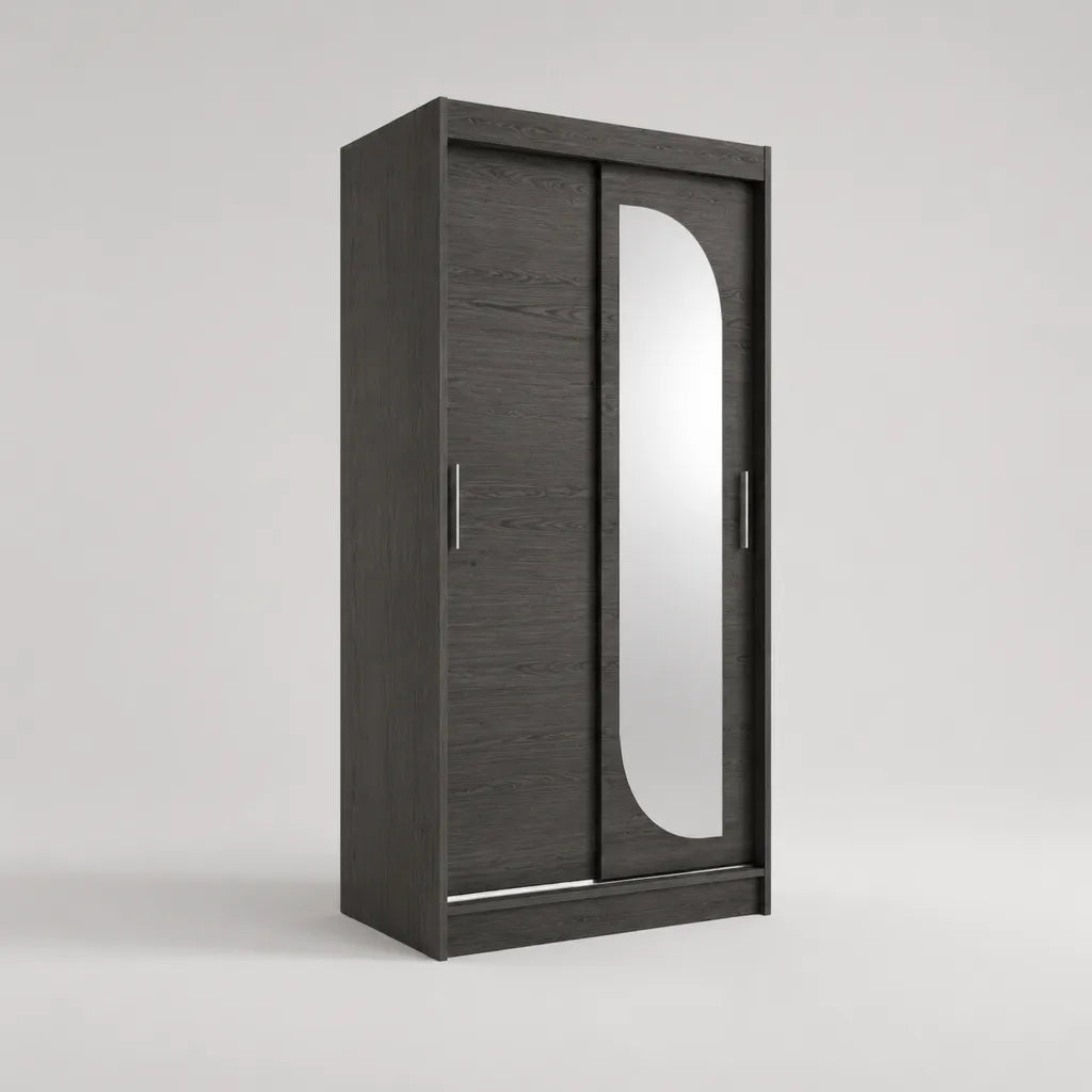 Kleiderschrank mit 2 Schiebetüren und Spiegel aus melaminbeschichteter Spanplatte, Anthrazit/Silber, 100 × 50 × 200 cm