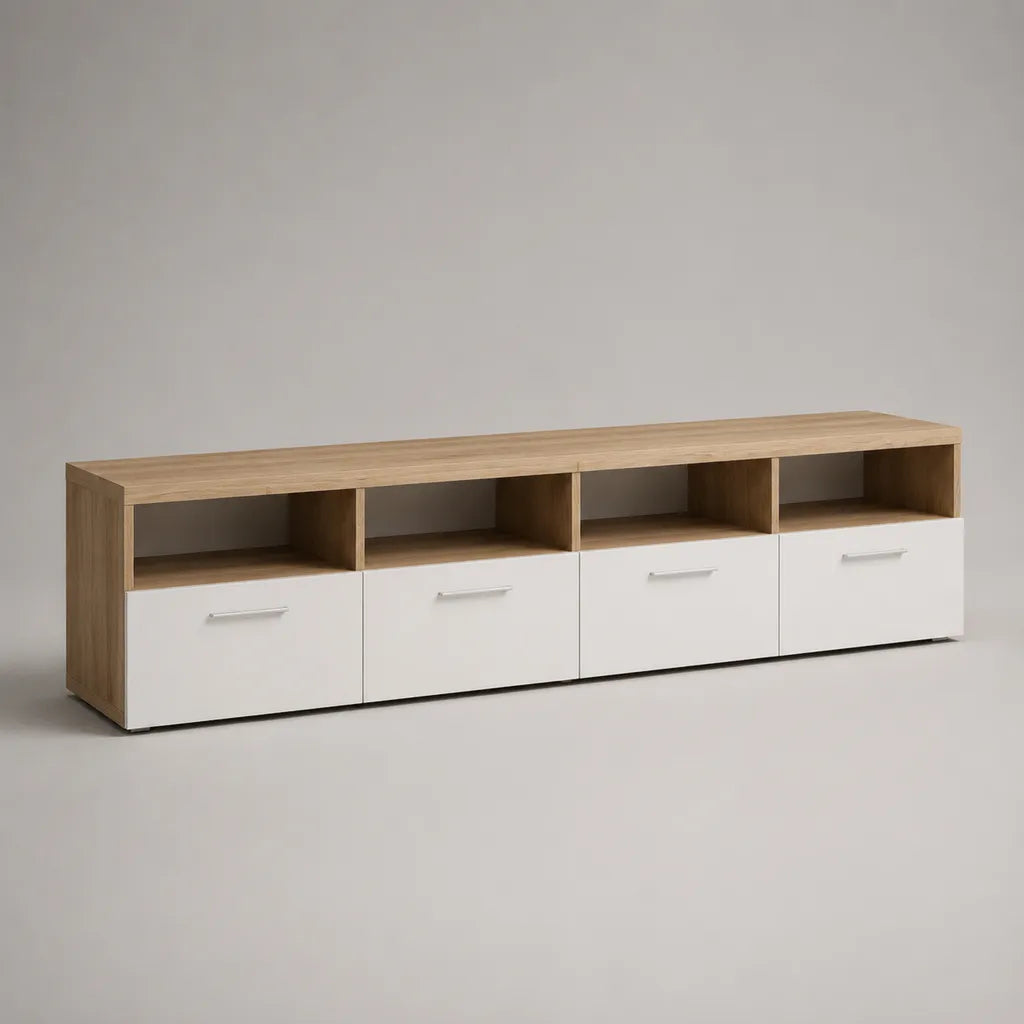 TV-Lowboard aus Holzspanplatte mit 4 Schubladen und 4 offenen Fächern, Eichefarben/Weiß, 180 × 40 × 50 cm