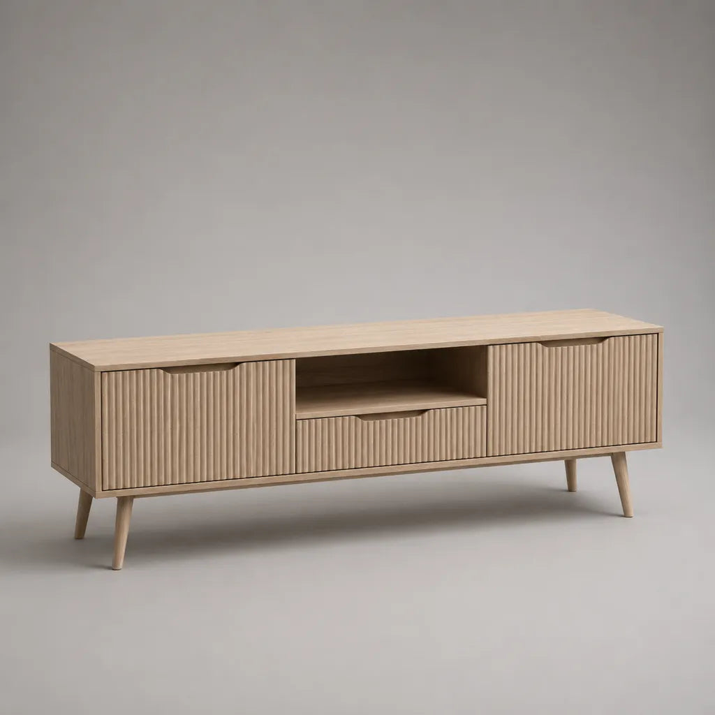 TV-Lowboard aus MDF mit Eichenfurnier, 2 Türen, 1 Schublade und offenem Fach, Natur, 160 × 40 × 60 cm
