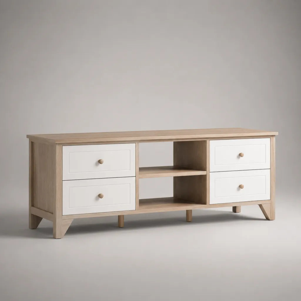 TV-Lowboard aus MDF und Spanplatte mit 4 Schubladen und 2 offenen Fächern, Eichefarben und Weiß, 160 × 40 × 70 cm
