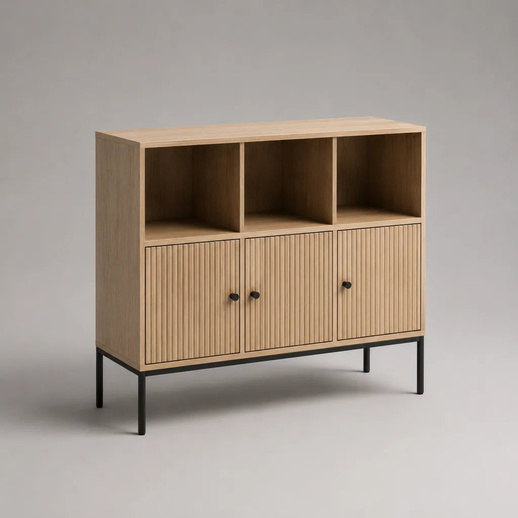Sideboard aus MDF und Spanplatte mit 3 Türen und 3 offenen Fächern, Natur/Schwarz, 120 × 40 × 110 cm