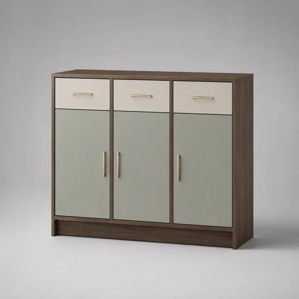 Sideboard aus Spanplatte und MDF mit 3 Türen und 3 Schubladen, Dunkelbraun, Salbeigrün und Creme, 120 × 40 × 100 cm