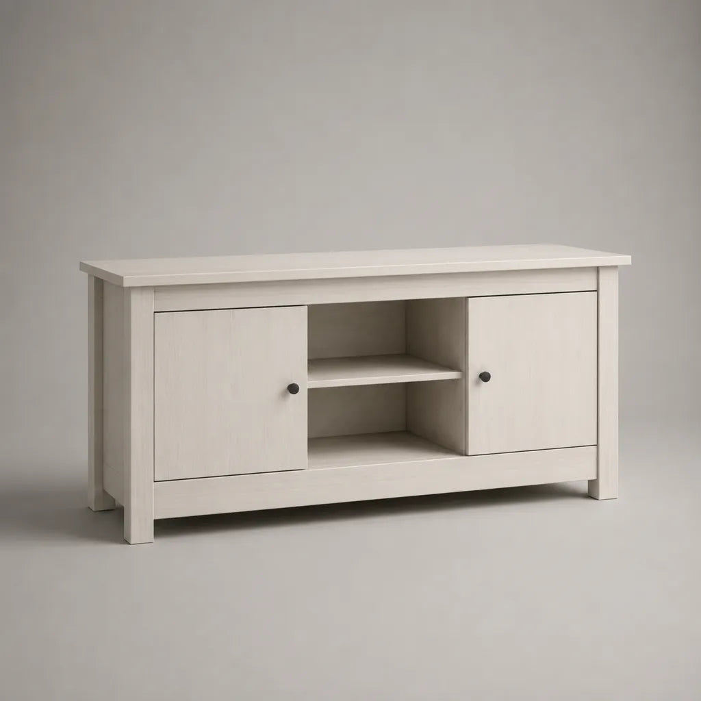 TV-Schrank Lowboard aus MDF und Spanplatte mit 2 Türen und 2 offenen Fächern, Weiß/Schwarz, 120 × 40 × 65 cm