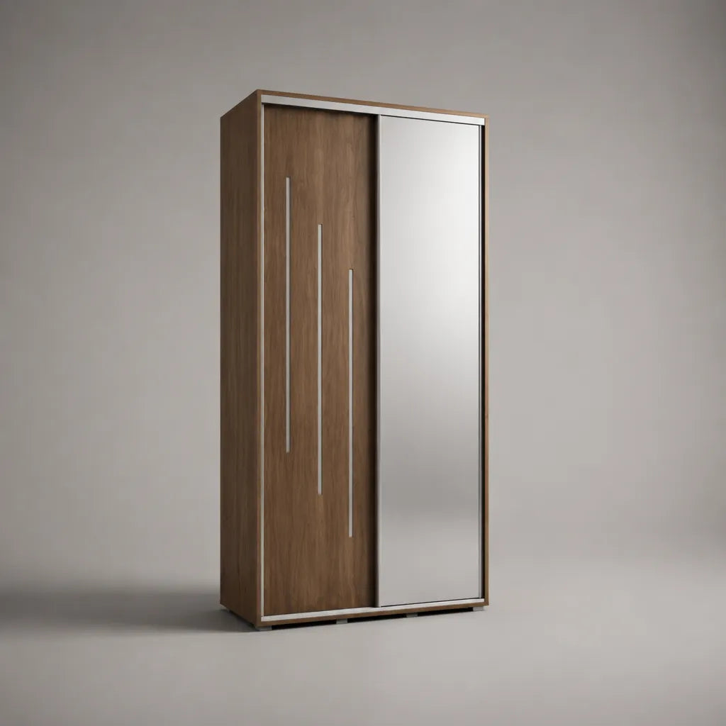 2-türiger Kleiderschrank mit Schwebetüren und Spiegel, melaminbeschichtete Spanplatte, Braun/Silber, 120 × 200 × 60 cm