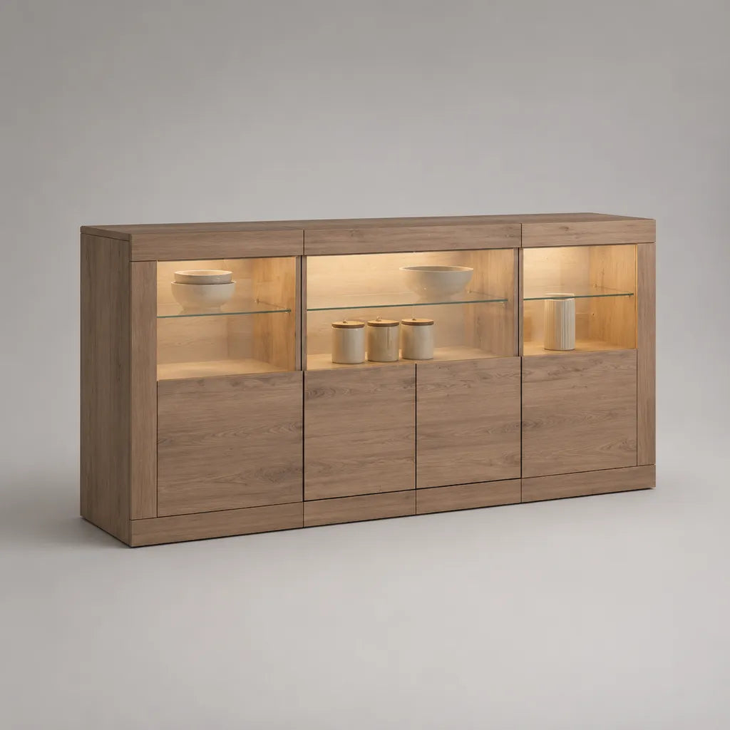 Vitrinen-Sideboard mit LED-Beleuchtung, MDF, Eichenfurnier und Klarglas, Braun/Transparent, 180 x 40 x 90 cm