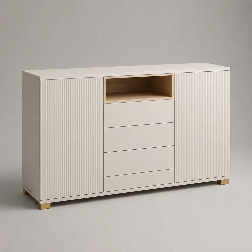 Sideboard aus MDF mit 2 Türen, 4 Schubladen und offenem Fach, Weiß/Eichefarben/Messingfarben, 120 × 40 × 90 cm