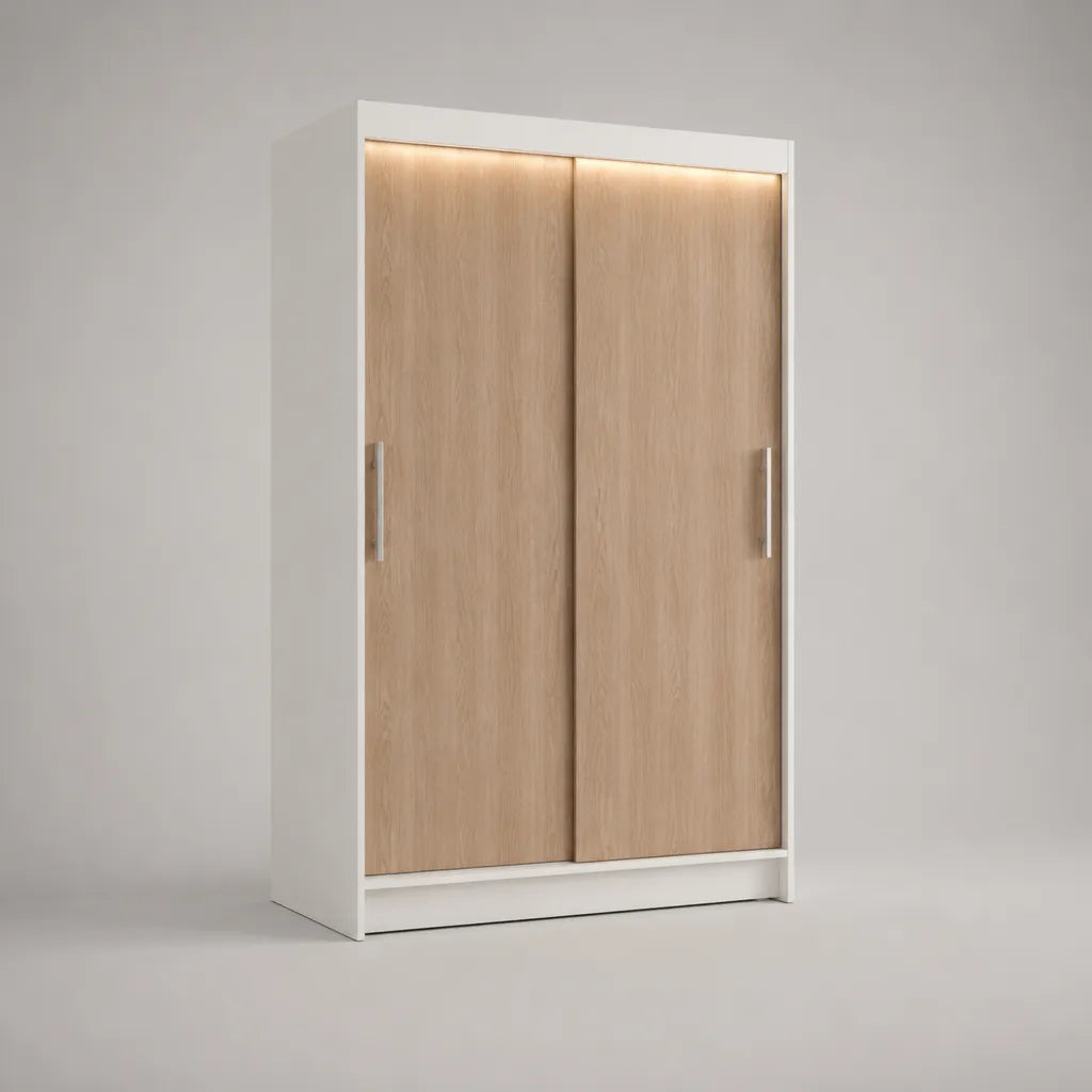 Kleiderschrank aus melaminbeschichteter Spanplatte mit 2 Schiebetüren und LED-Beleuchtung, Eiche Natur und Weiß, 120 × 60 × 200 cm