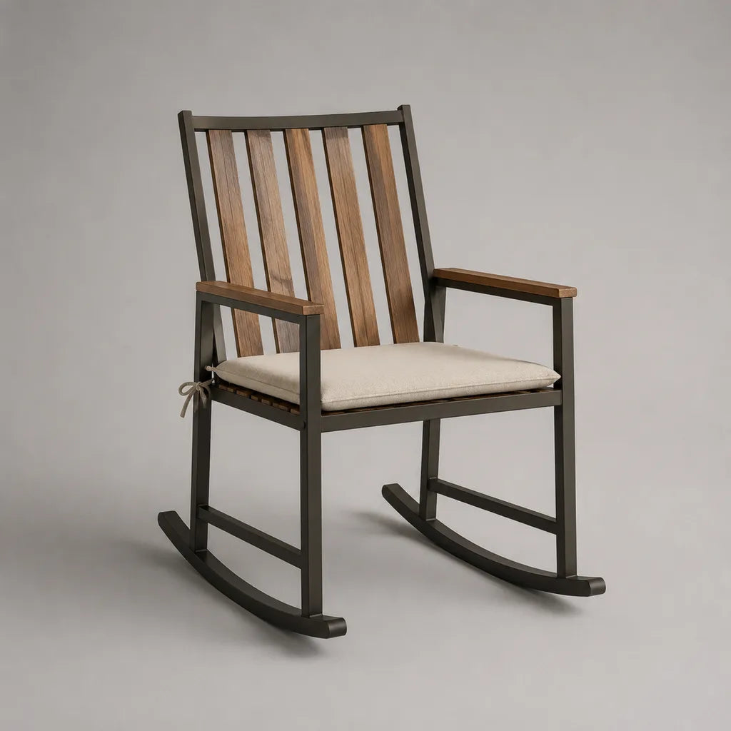 Garten-Schaukelstuhl aus pulverbeschichtetem Stahl und Akazien-Massivholz mit Sitzkissen, Dunkelbraun/Braun/Beige, 64 × 86 × 98 cm